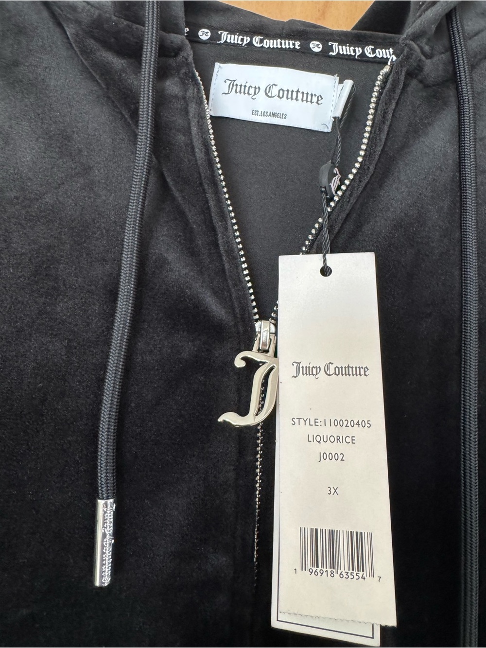 Juicy Couture Black Velour Zip Up Hoodie NWT Liquorice J Zipper Plus Size 3X
